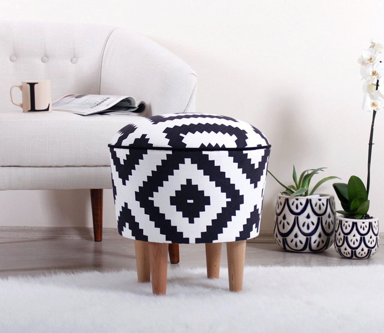 Taburet, Atelier del Sofa, 209FLF1260, Alb/Negru - imagine 5